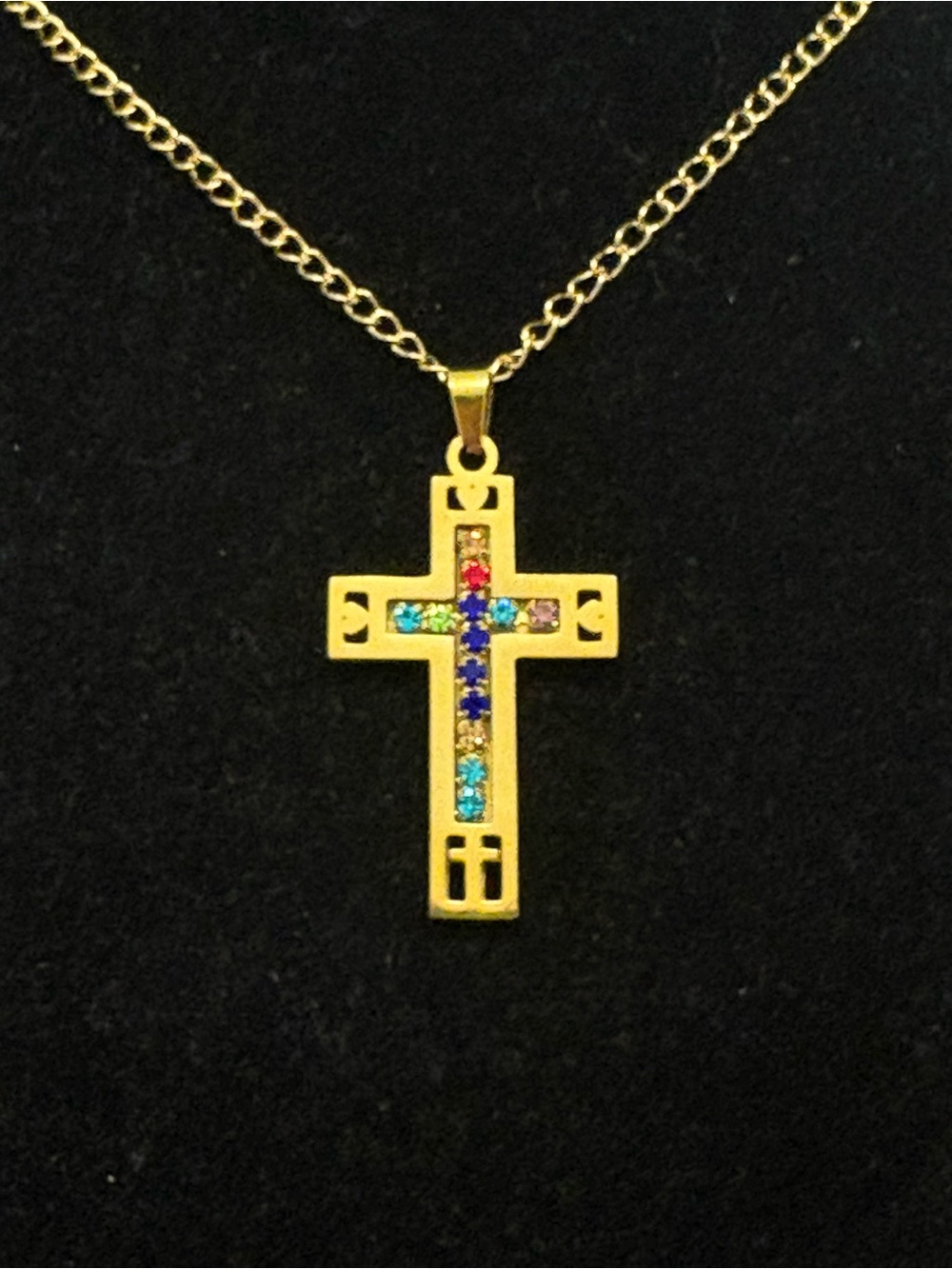 Gold Cross Pendant Necklace with Multicolor Stones